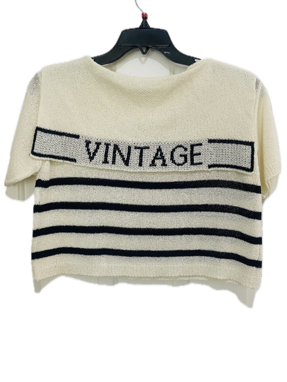 Striped Knit Sweater with 'VINTAGE' Detail - Cream & Black/Navy